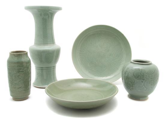 Appraisal: A Group of Five Chinese Celadon Glazed Articles comprised of