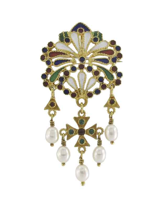 Appraisal: K GOLD ENAMEL AND PEARL PENDANT PIN Colorful enameling on