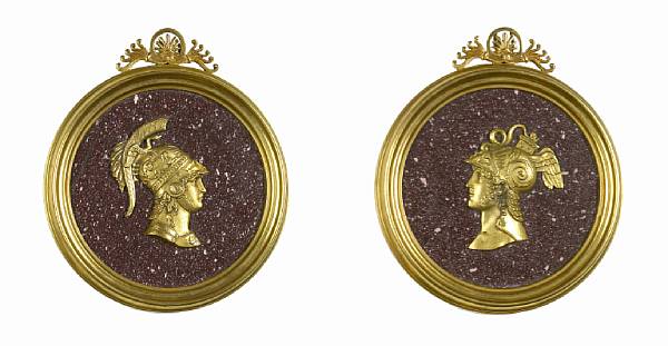 Appraisal: A pair of Empire gilt bronze and porphyry plaques first