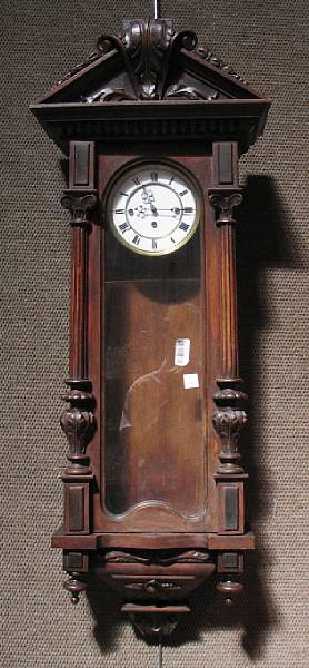 Appraisal: A German walnut three train regulator wall clock late th