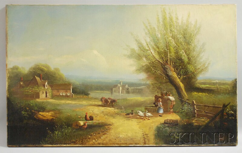 Appraisal: American Continental School th Century Landscape with Farmyard and Children