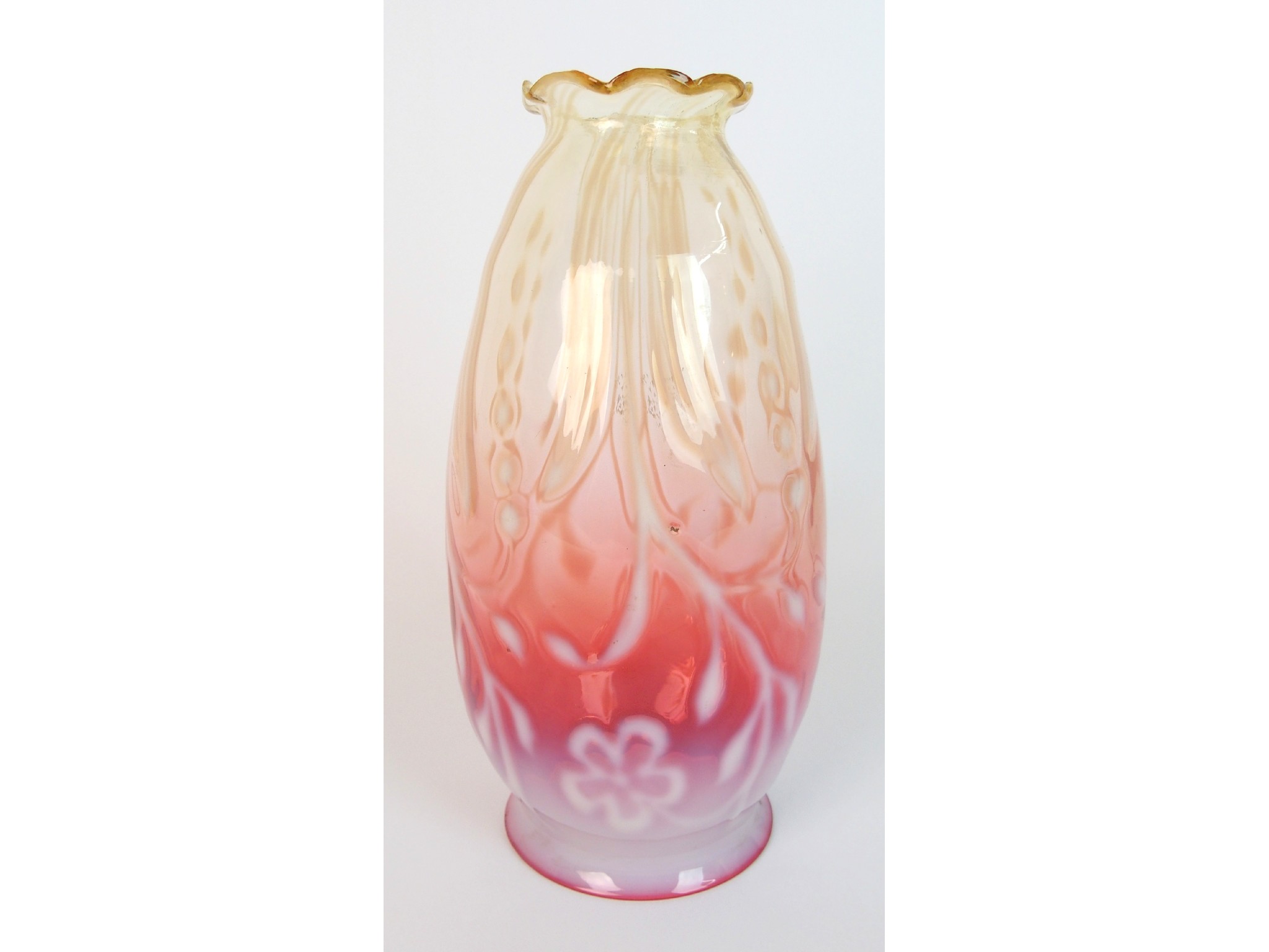 Appraisal: A Victorian vaseline glass pink and amber shadethe shade decorated