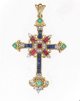 Appraisal: A gold cruciform pendant set with gemstones cm high