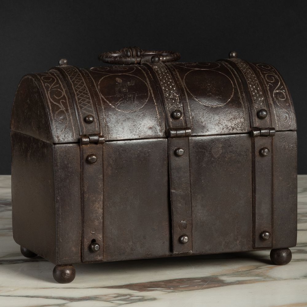 Appraisal: Continental Baroque Inlaid Iron Domed Strongbox Fitted with a pierced