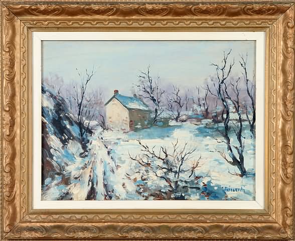 Appraisal: Winter landscape with building in the snow oil on canvas