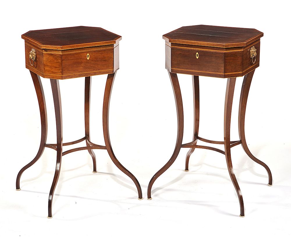 Appraisal: Pair of regency crossbanded mahogany work tables Pair of regency