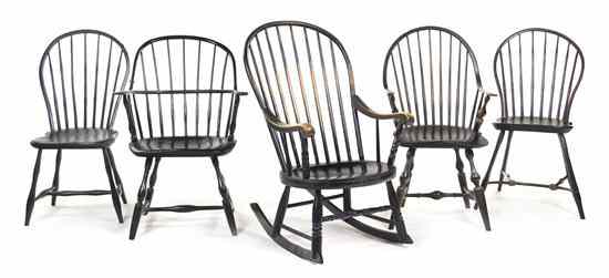 Appraisal: An Assembled Set of Five American Ebonized Windsor Chairs comprising