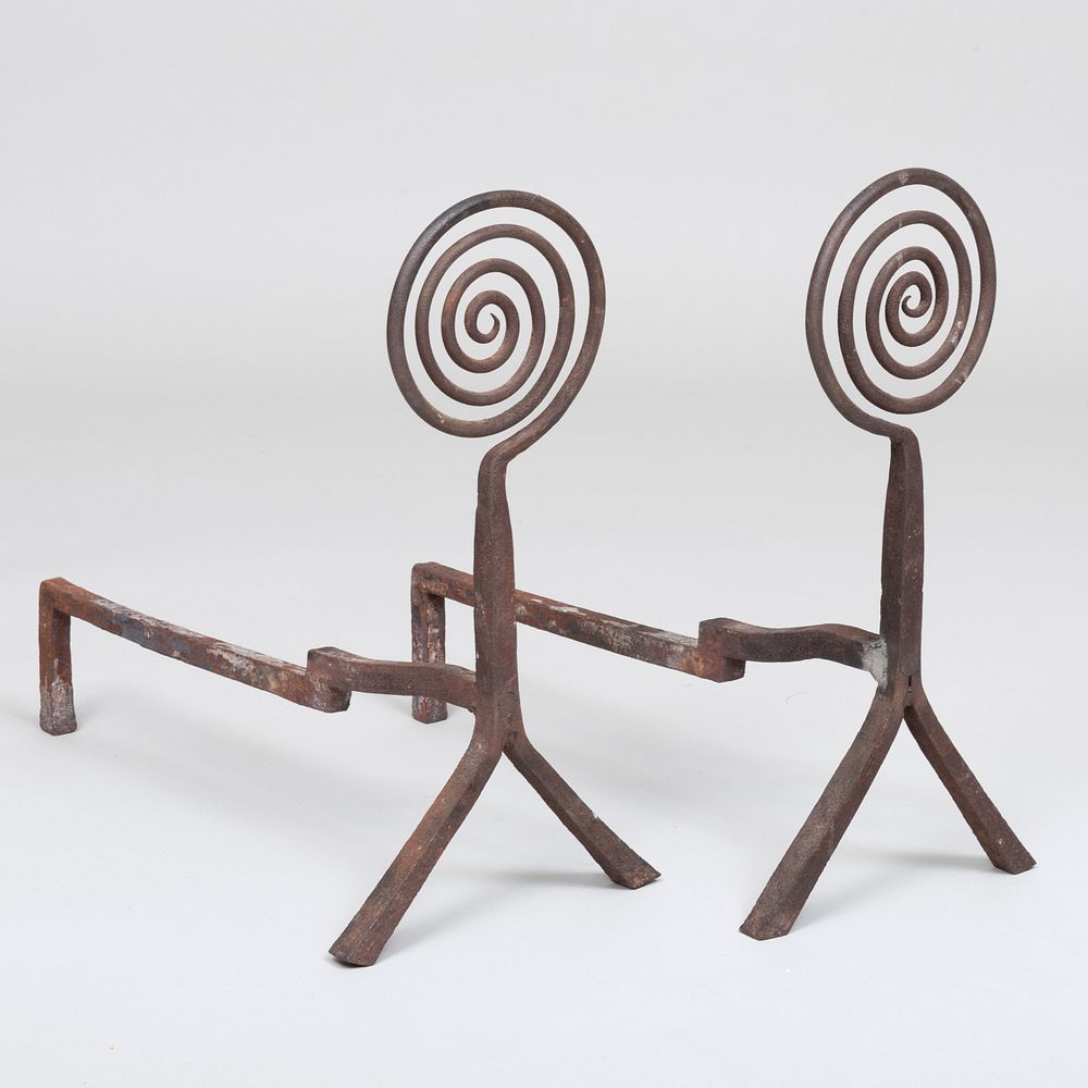 Appraisal: Pair of Wrought Iron 'Eternity' Andirons x x in Frank