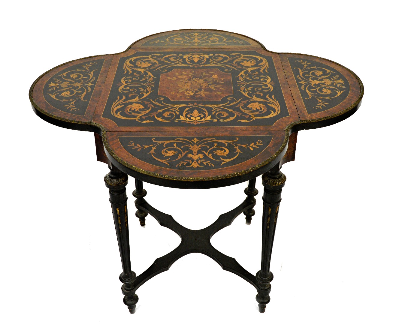 Appraisal: A Victorian walnut marquetry and ebonised table a volets circa