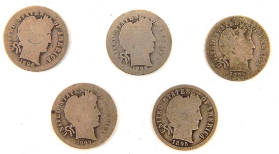 Appraisal: COINS Lot of five better Barber dimes averaging about good