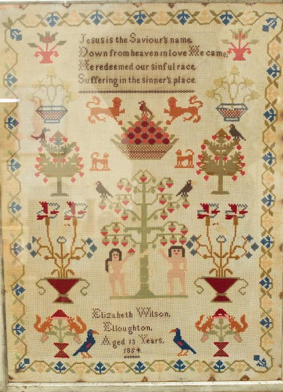 Appraisal: MID th CENTURY NEEDLEWORK SAMPLER worked with Adam Eve birds