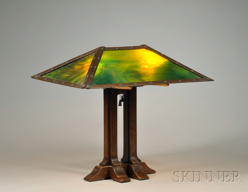 Appraisal: Arts Crafts Style Table Lamp Oak copper and slag glass