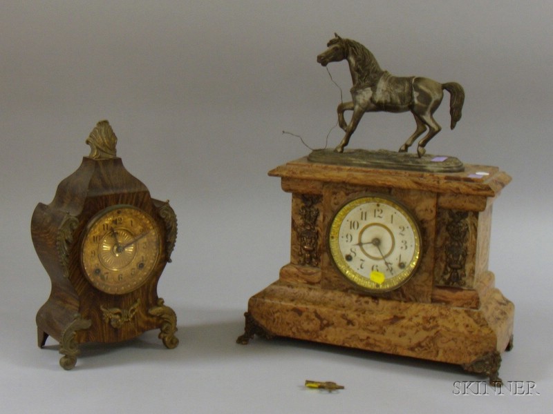 Appraisal: Faux Wood Grained Iron Mantel Clock by Ansonia and an