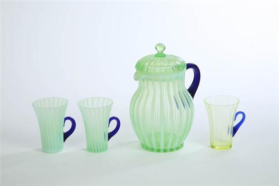 Appraisal: ART GLASS LEMONADE SET Possibly Fenton The green opalescent striped