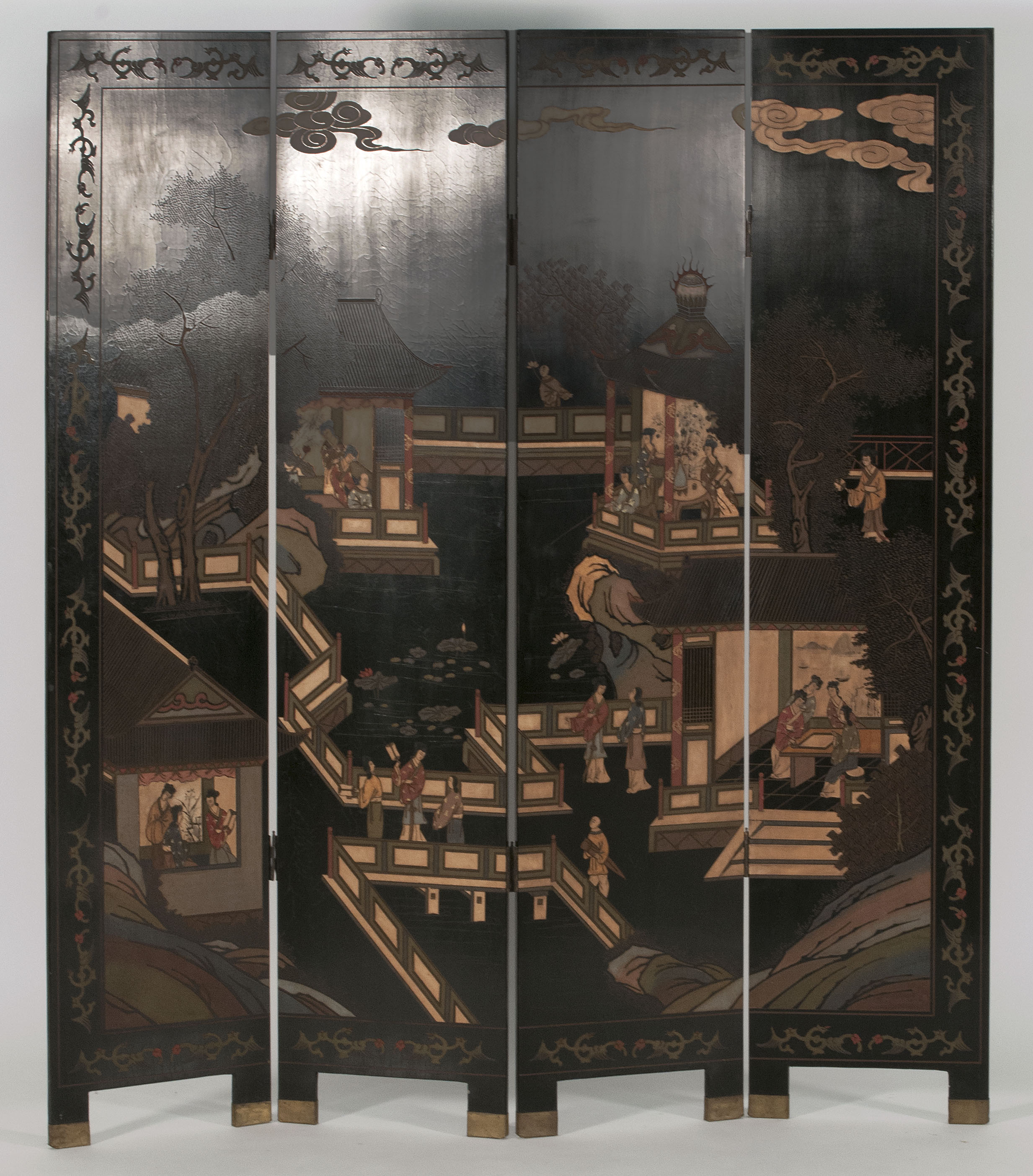 Appraisal: FOUR-PANEL CHINESE COROMANDEL-STYLE LACQUER SCREEN Early th CenturyFront of panels