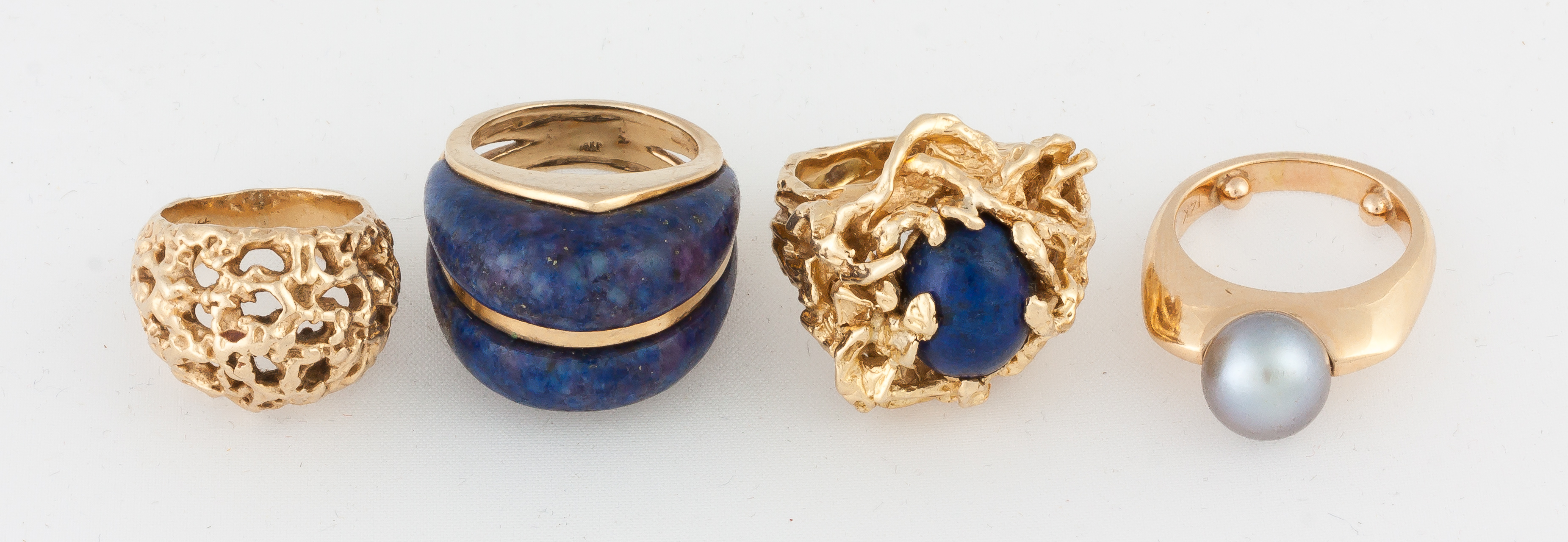 Appraisal: Group of Four Gold Rings with Lapis and Pearl L