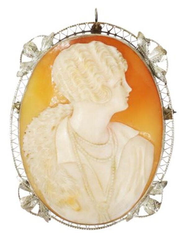 Appraisal: Estate kt white gold cameo pendant brooch carved shell cameo