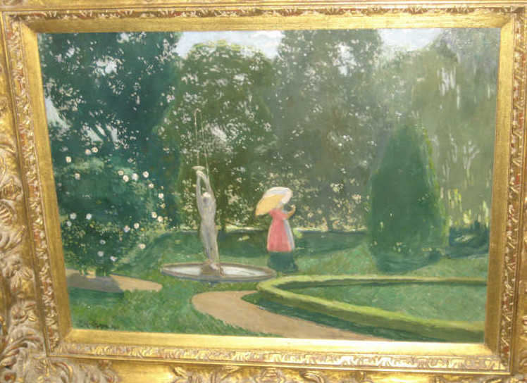 Appraisal: CONTINENTAL SCHOOL TH CENTURY Garden scene with figure and fountain