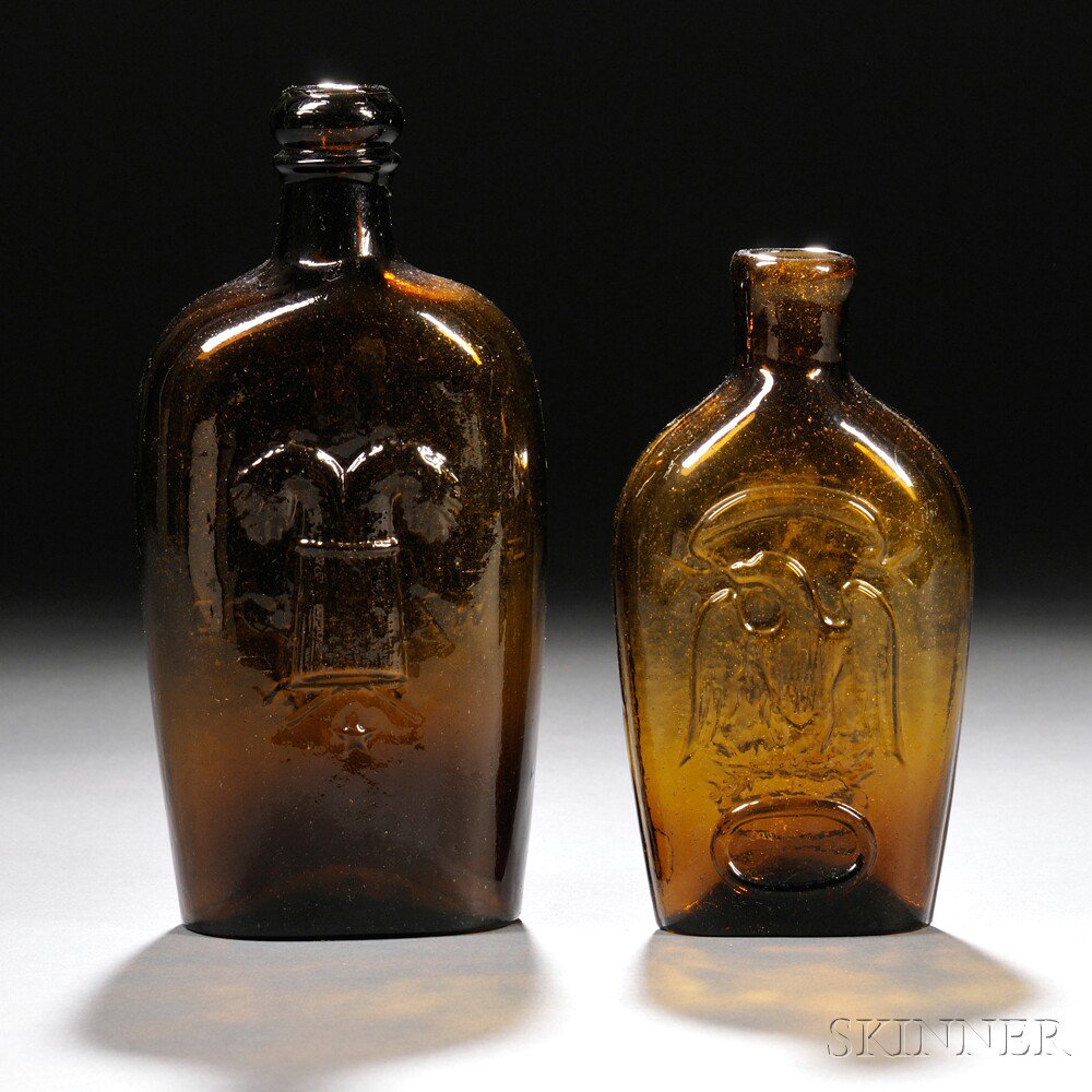 Appraisal: Two Amber Blown-molded Pictorial Glass Flasks a Westford Glass Works