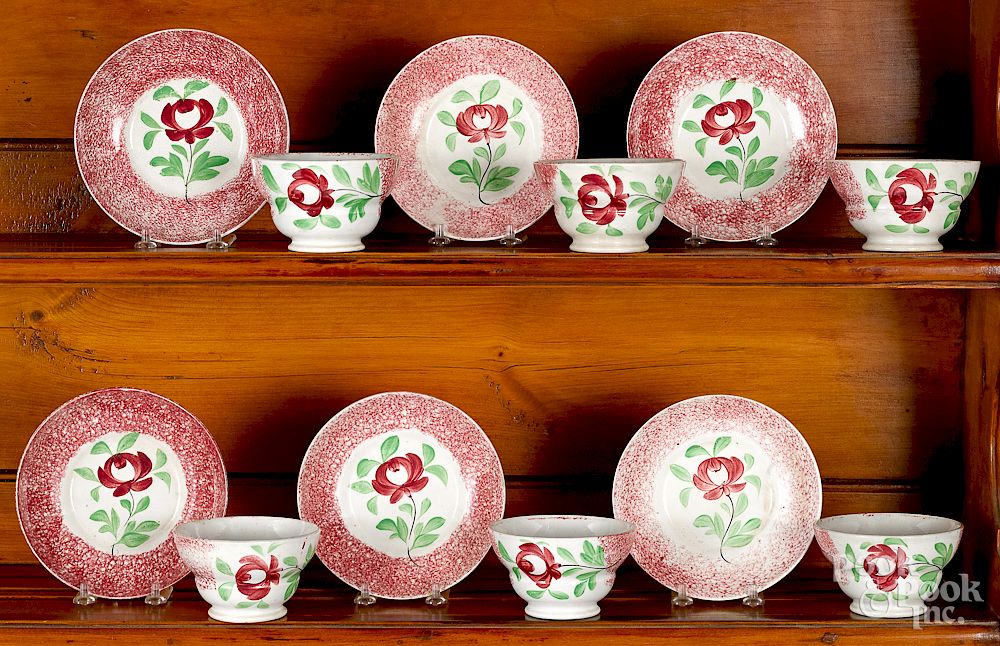 Appraisal: Set of six red spatter Adams Rose cups and saucers