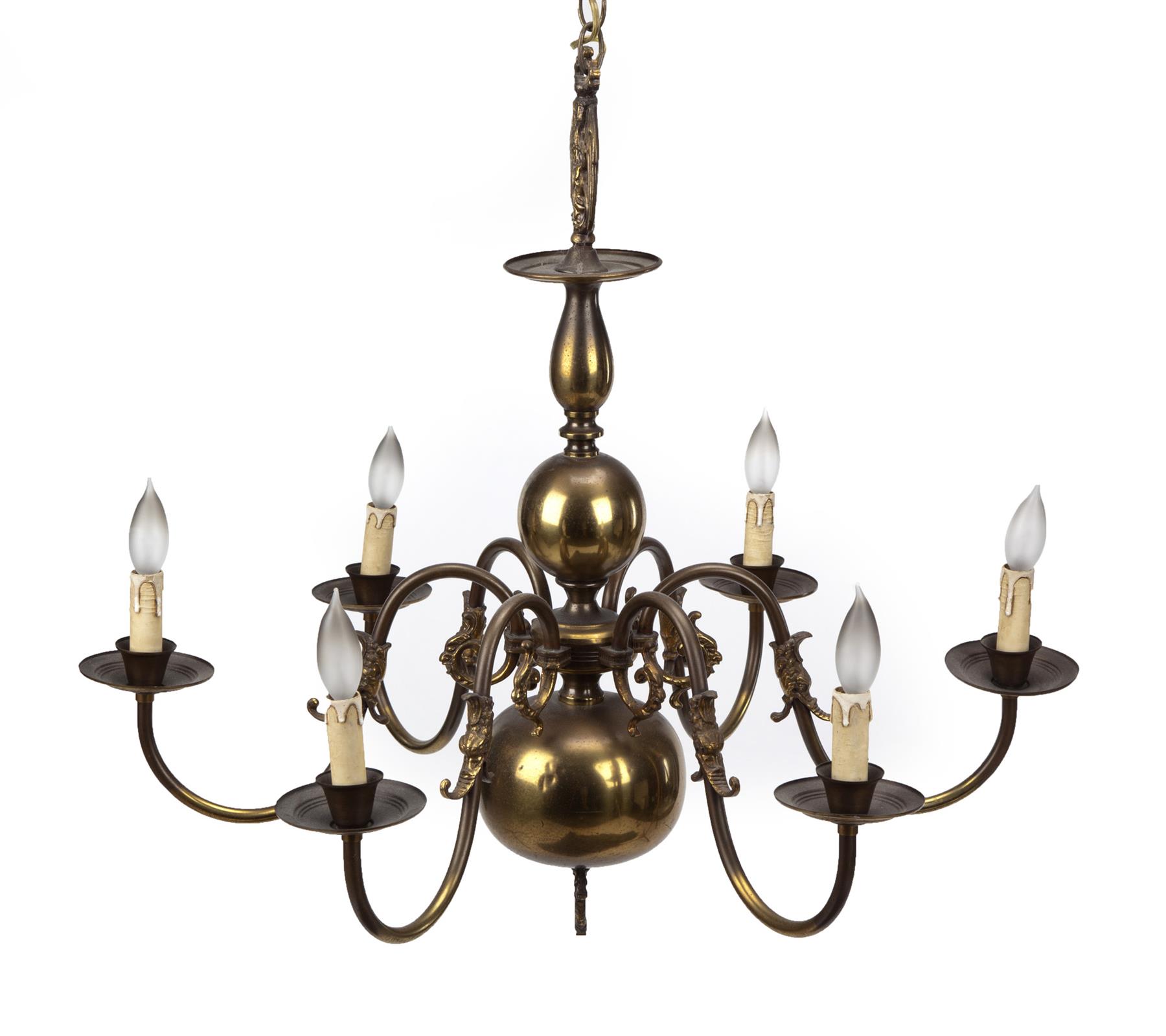 Appraisal: AMERICAN BRASS CHANDELIER Late th century Six candle arms Electrified