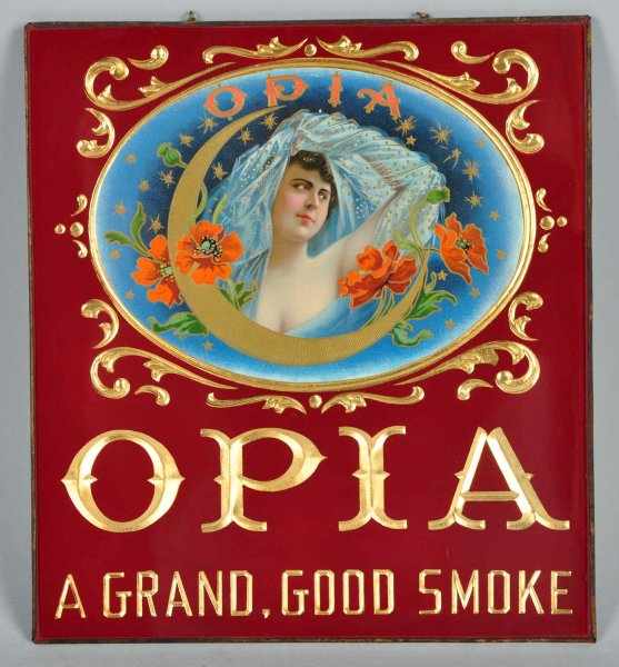 Appraisal: Opia Cigar Glass Sign Description Stunning image of Opia reverse