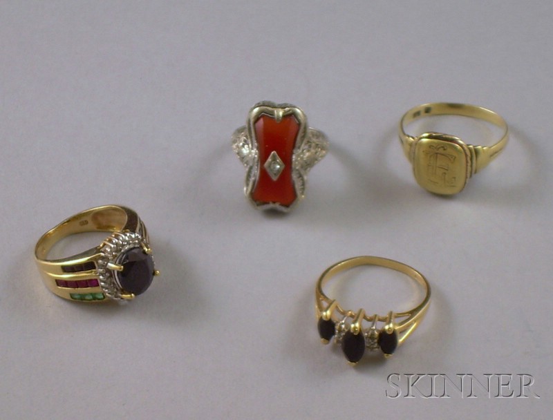 Appraisal: Four kt Gold Rings set with various gemstones and hardstones