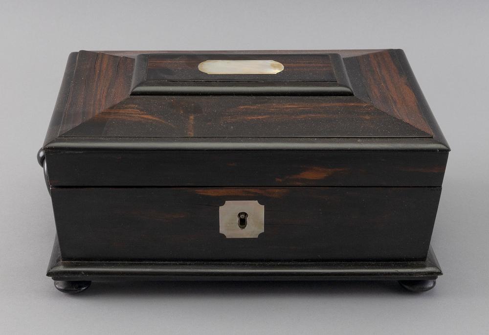 Appraisal: BLACK WALNUT SEWING BOX TH CENTURY HEIGHT WIDTH DEPTH BLACK