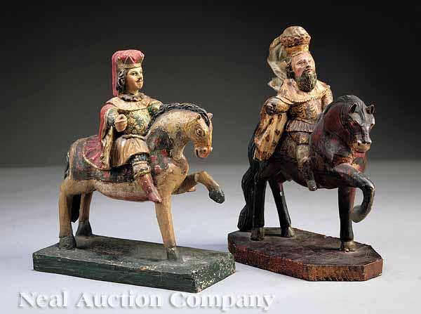 Appraisal: Two Continental Carved and Polychromed Wood Equestrian Figures of Princes