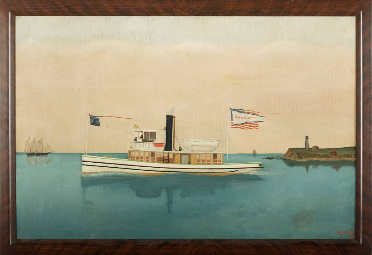 Appraisal: PRIMITIVE PAINTING OF THE TUG BOAT quot HARLEM RIVER quot