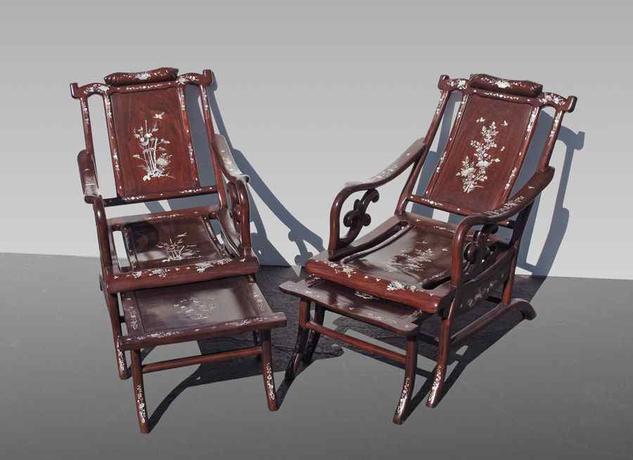 Appraisal: PAIR ASIAN MOTHER OF PEARL INLAY LOUNGE CHAIRS Rosewood with