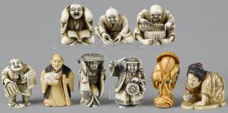 Appraisal: Nine Japanese Meiji period carved ivory netsukes