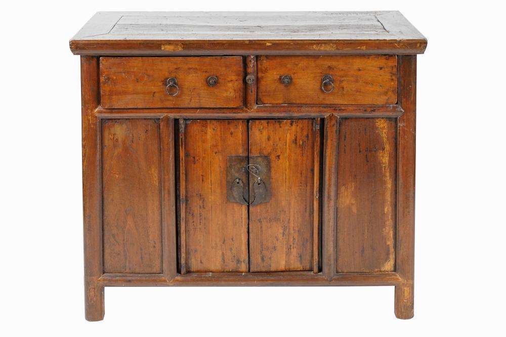 Appraisal: ASIAN ELMWOOD CABINETwith two short drawers over a pair of