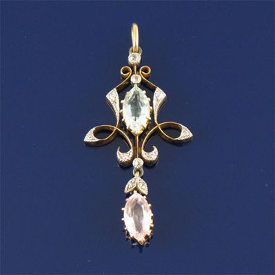 Appraisal: An Art Nouveau pendant with a marquise shaped aquamarine and