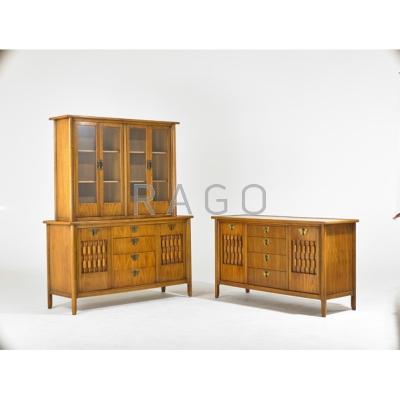 Appraisal: DESIGNER Breakfront and sideboard USA s Walnut cane brass Unmarked