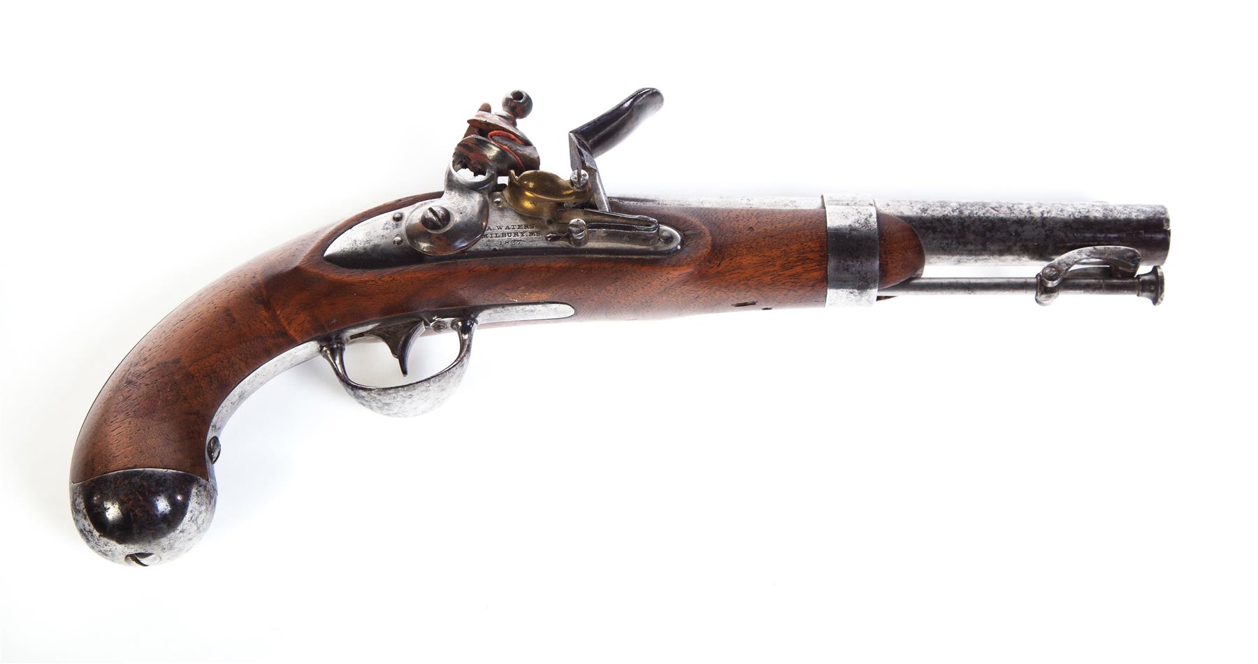 Appraisal: A WATERS FLINTLOCK CALIBER MODEL PISTOL Milbury Massachusetts dated Walnut