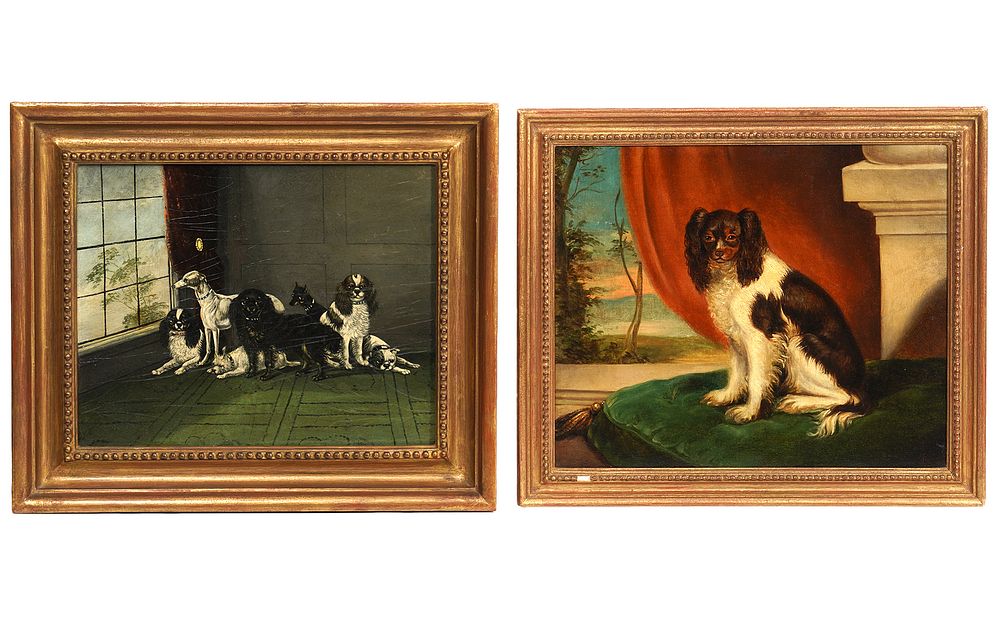 Appraisal: English School Paintings Interior Scenes W Dogs English School painting