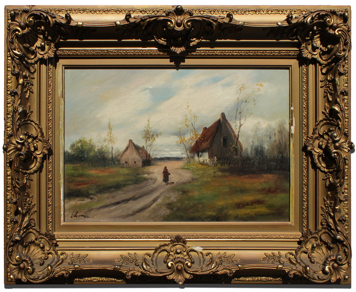 Appraisal: FINELY FRAMED EUROPEAN LANDSCAPE PAINTING WITH LONE FIGURE Scene depicts