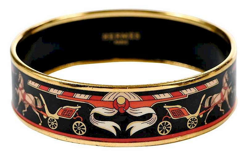 Appraisal: Herm s Bangle Bracelet gold-tone rim black background with red