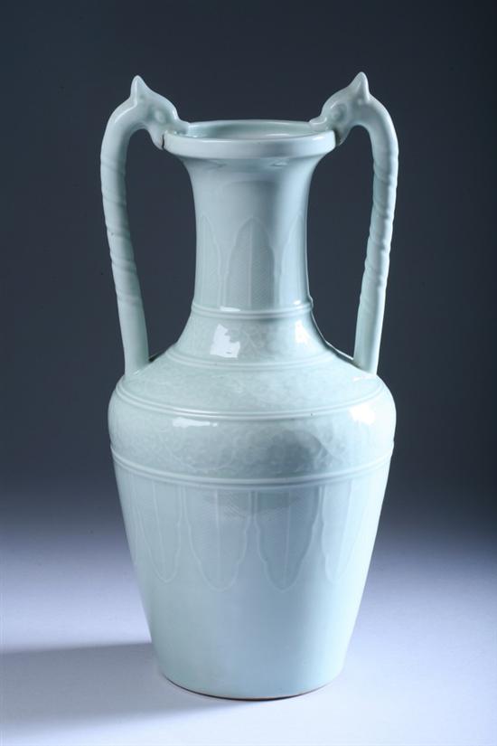 Appraisal: CHINESE CELADON PORCELAIN AMPHORA Yongzheng underglazed blue seal mark Molded