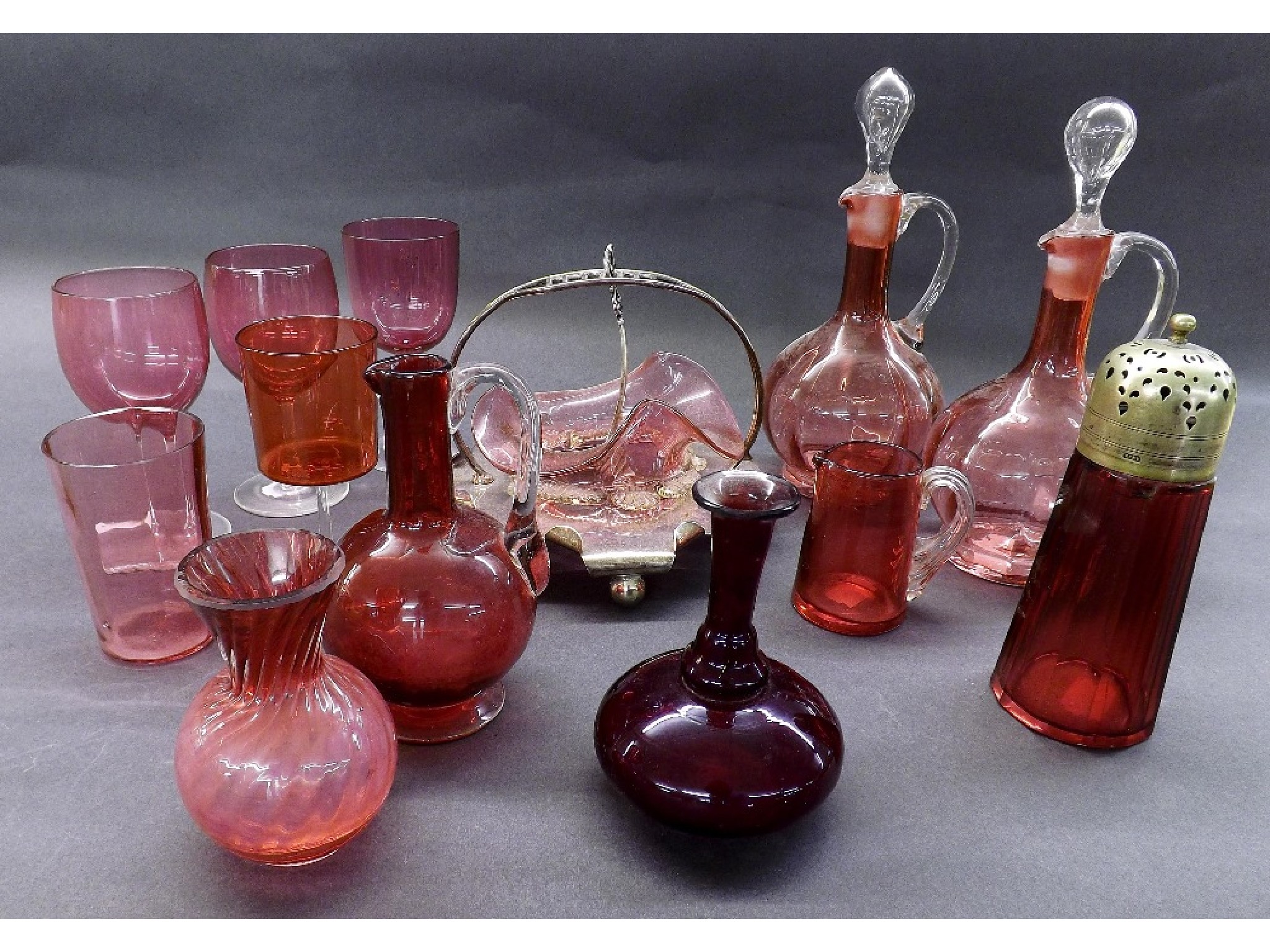 Appraisal: Pair of cranberry glass decanters also a collection of other