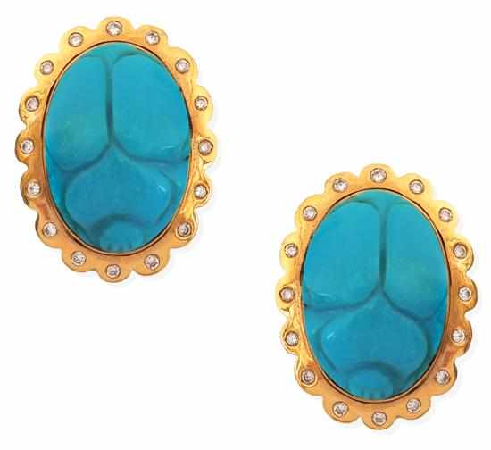 Appraisal: A PAIR OF TURQUOISE AND DIAMOND SCARAB EARRINGS Centrally set