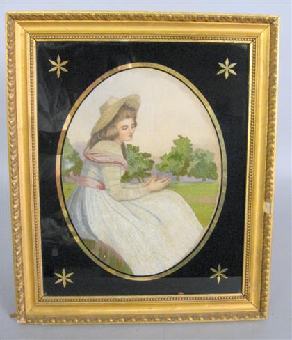 Appraisal: English needlework picture early th century Depicting a young lady