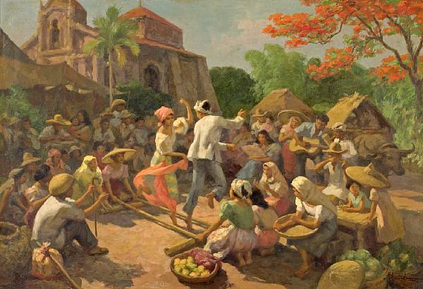 Appraisal: n a Fernando Cueto Amorsolo Filipino - Tinikling Bamboo Pole