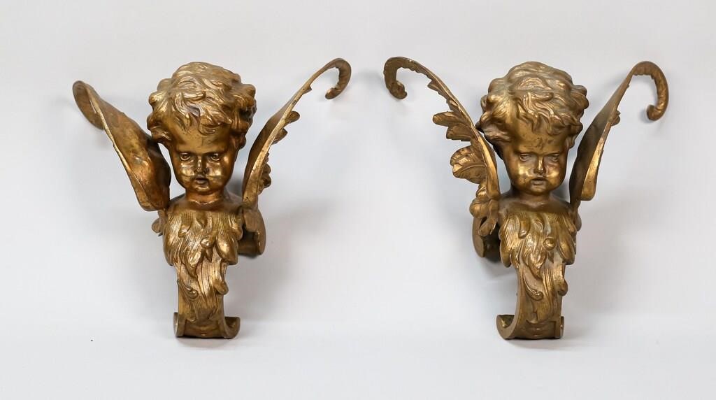 Appraisal: PAIR OF GILT BRONZE CHERUB FORM HOOKSCherub head and wings