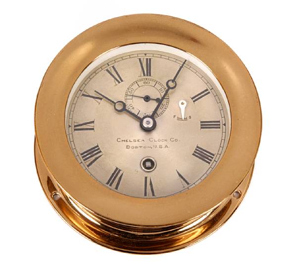 Appraisal: A Chelsea Clock Co circular ship's style gilt brass clock