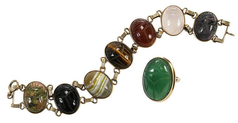 Appraisal: kt Scarab Ring and Bracelet gemstones including pink quartz carnelian