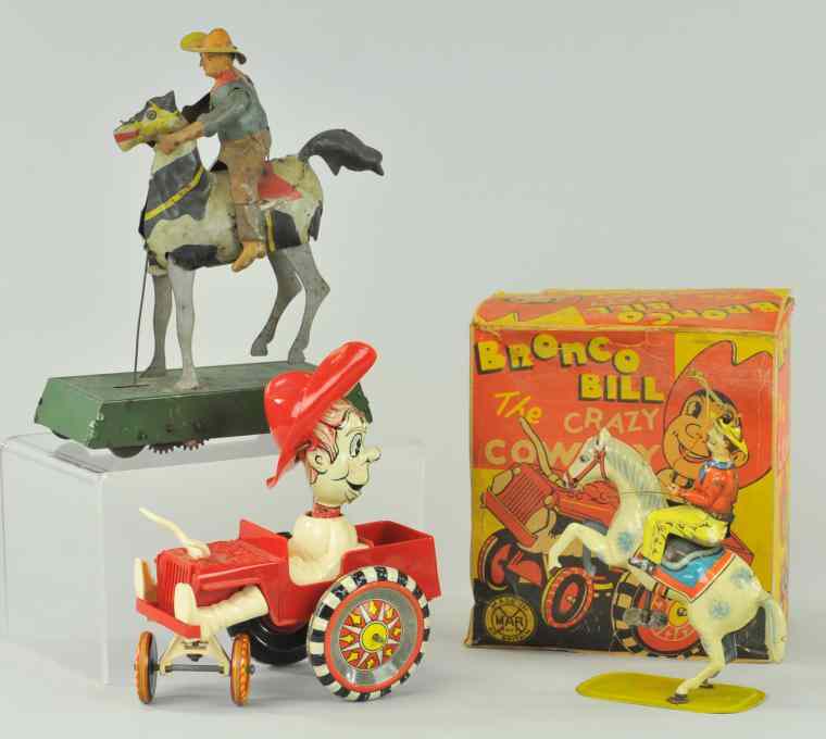 Appraisal: THREE COWBOY THEME TOYS Includes Bronco Bill the Crazy Cowboy