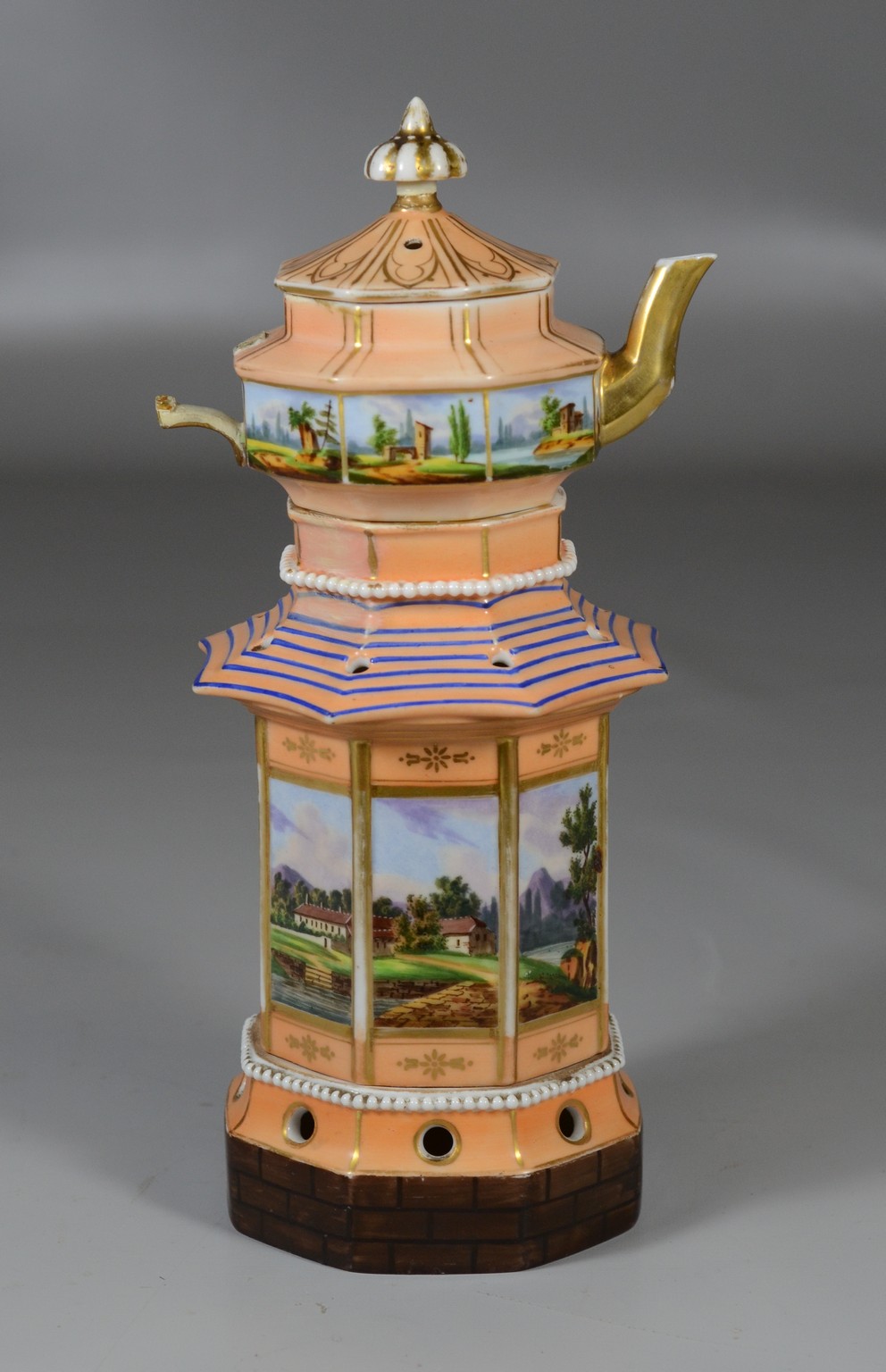 Appraisal: Paris porcelain Veilleuse teapot the middle section with scenic decoration