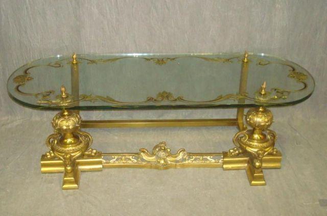 Appraisal: Brass Andirons as a Coffee Table Nicely etched glass top